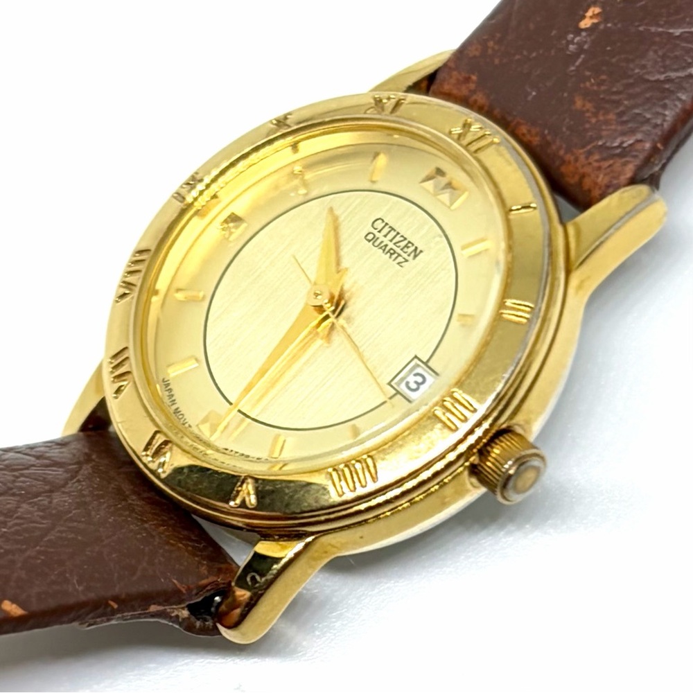Citizen Vintage Gold & Leather 80s Ladies Quartz Watch WORKING New Battery